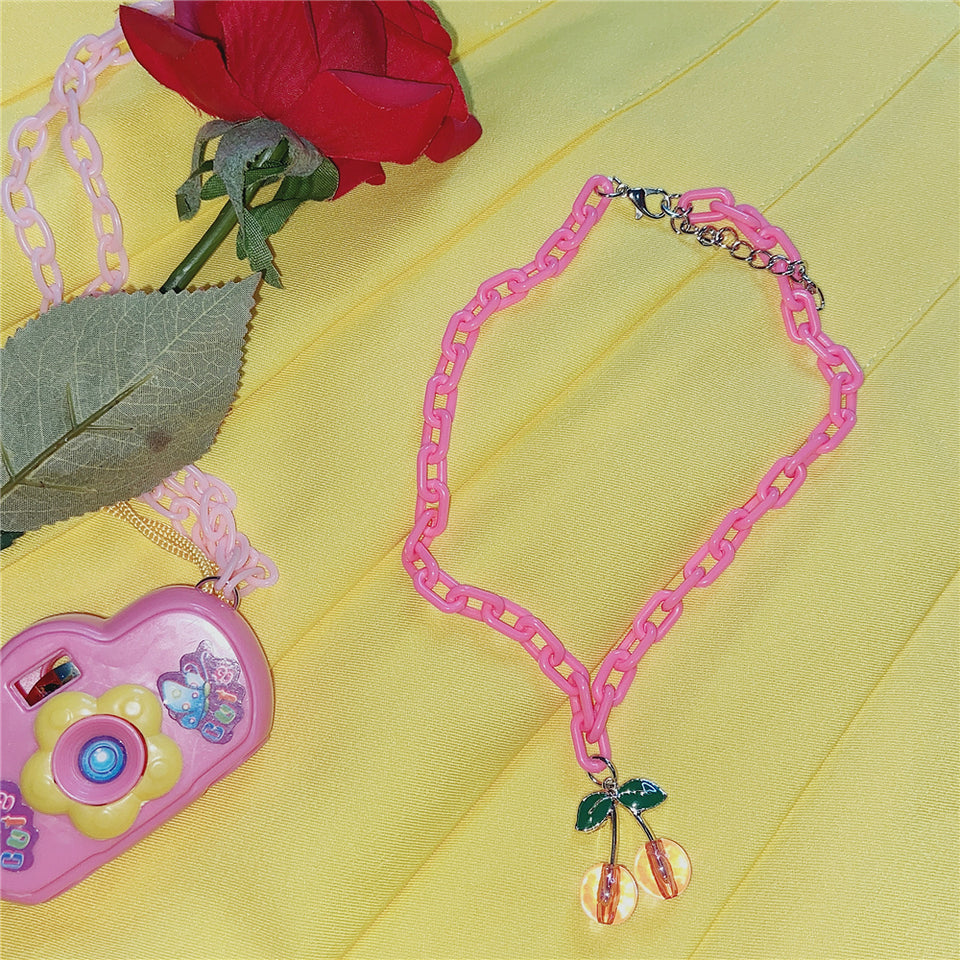 Pink Cherry Necklace Acrylic Chain Necklace