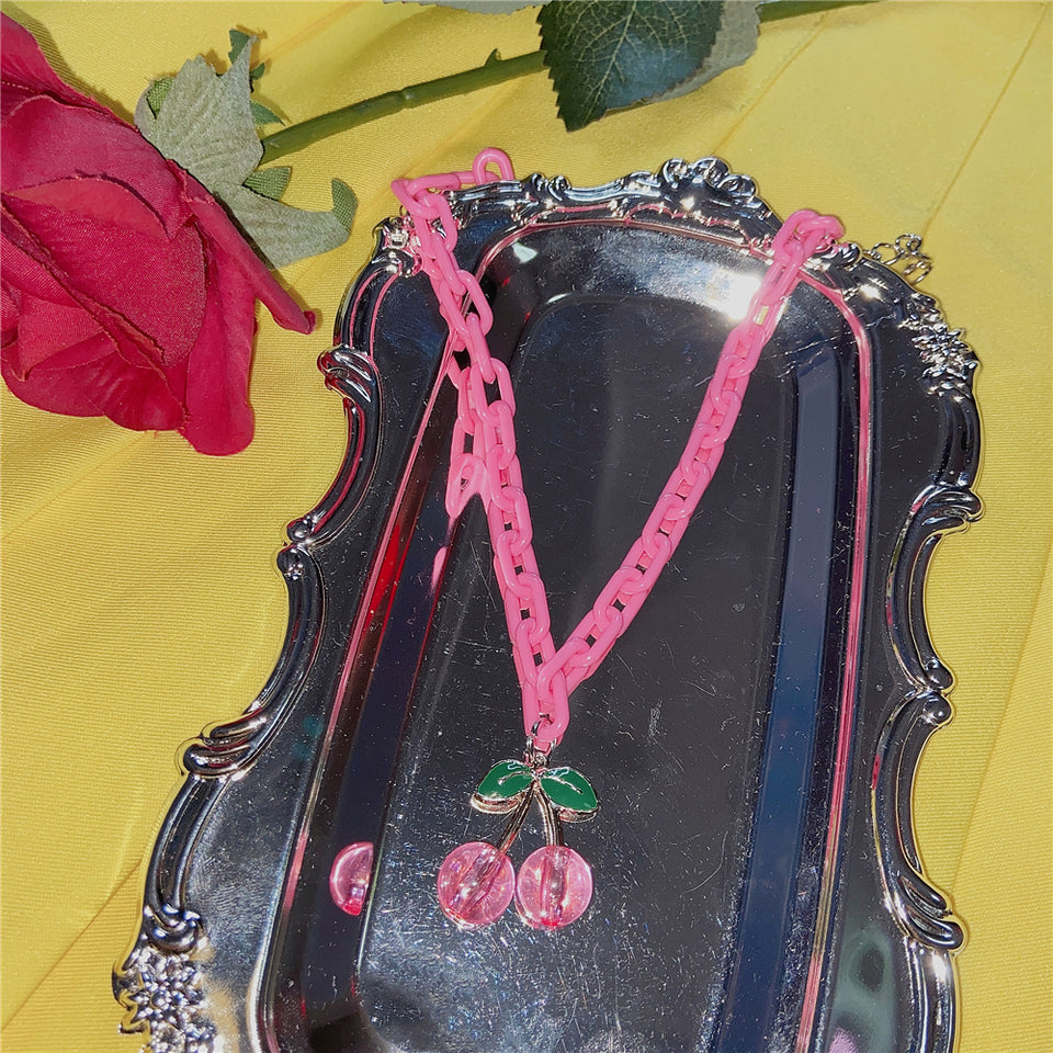 Pink Cherry Necklace Acrylic Chain Necklace