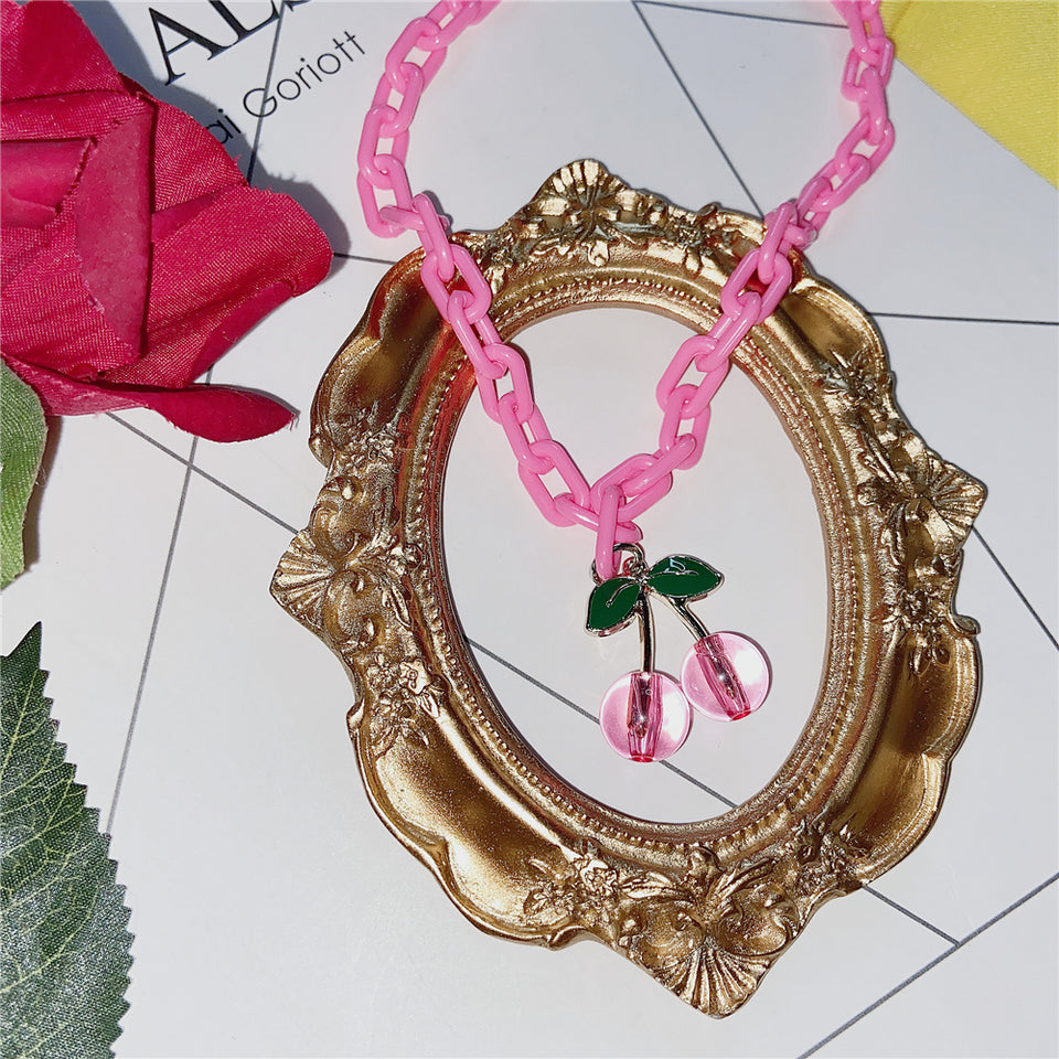 Pink Cherry Necklace Acrylic Chain Necklace