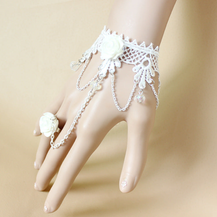 Fashion Accessories White Lace Crystal Women's Wrist Bracelet Ring One Hand Jewelry
