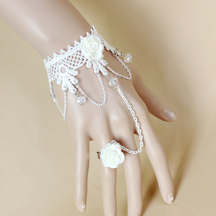 Fashion Accessories White Lace Crystal Women's Wrist Bracelet Ring One Hand Jewelry